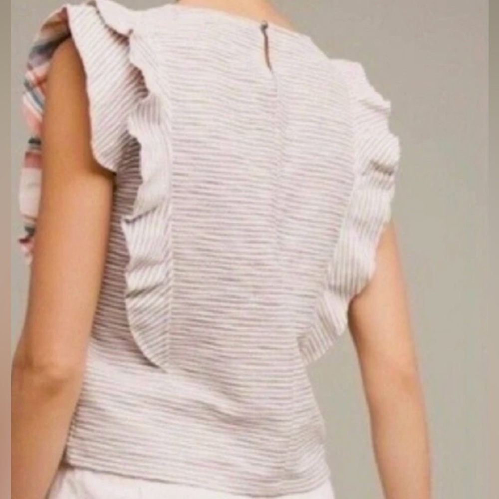 Anthropologie Cream and Light Gray Striped Ruffle-Sleeve Blouse